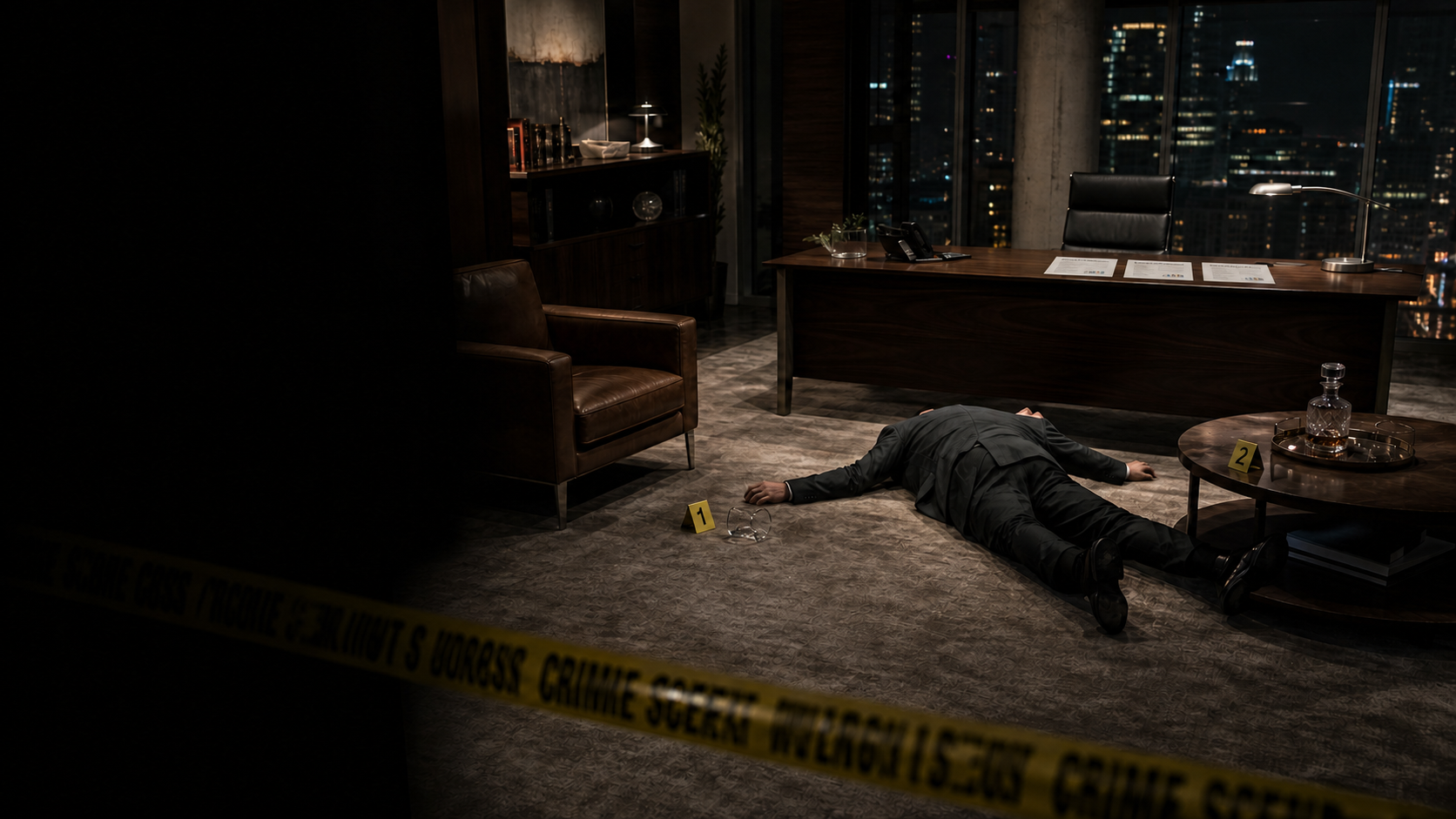 Jonathan Reeves' executive office crime scene, with three marked documents on the desk.